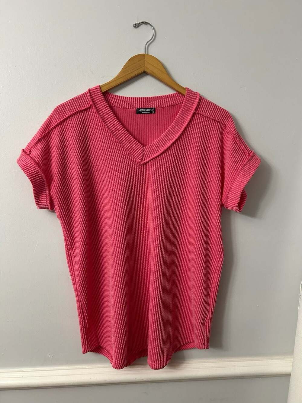 Solid Hot Pink Ribbed V-Neck Short Sleeve Top with Exposed Seams